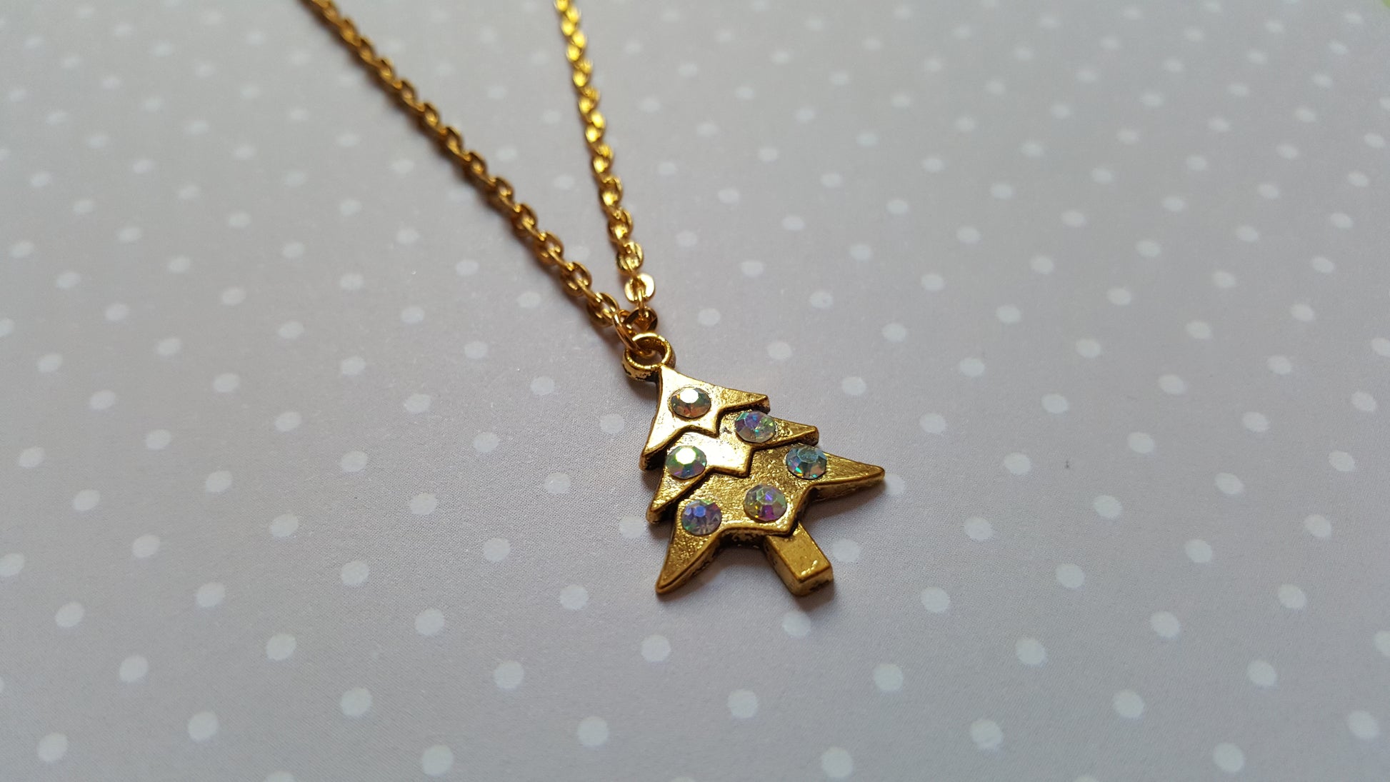 Sparkly Christmas Tree Necklace | Rhinestone Gold Plated Pendant | 16" Chain | Festive Holiday Jewelry Gift