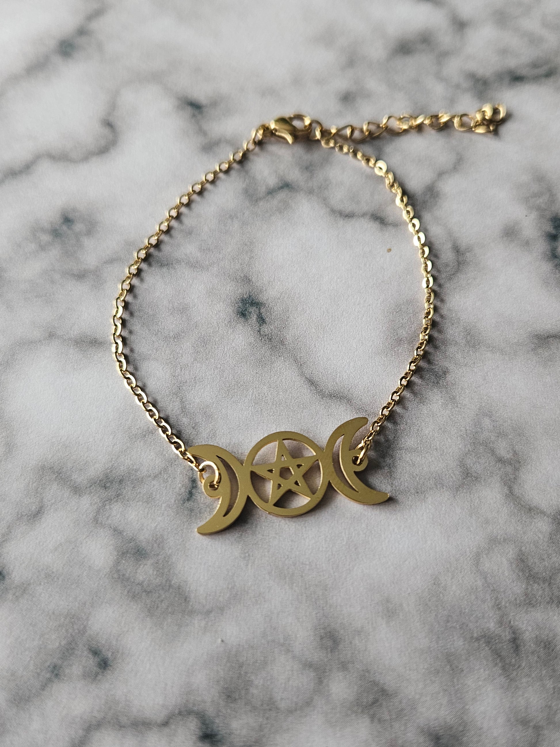 Triple Moon Pentagram Bracelet | Gothic Stainless Steel Bracelet | Witchy Pagan Jewellery