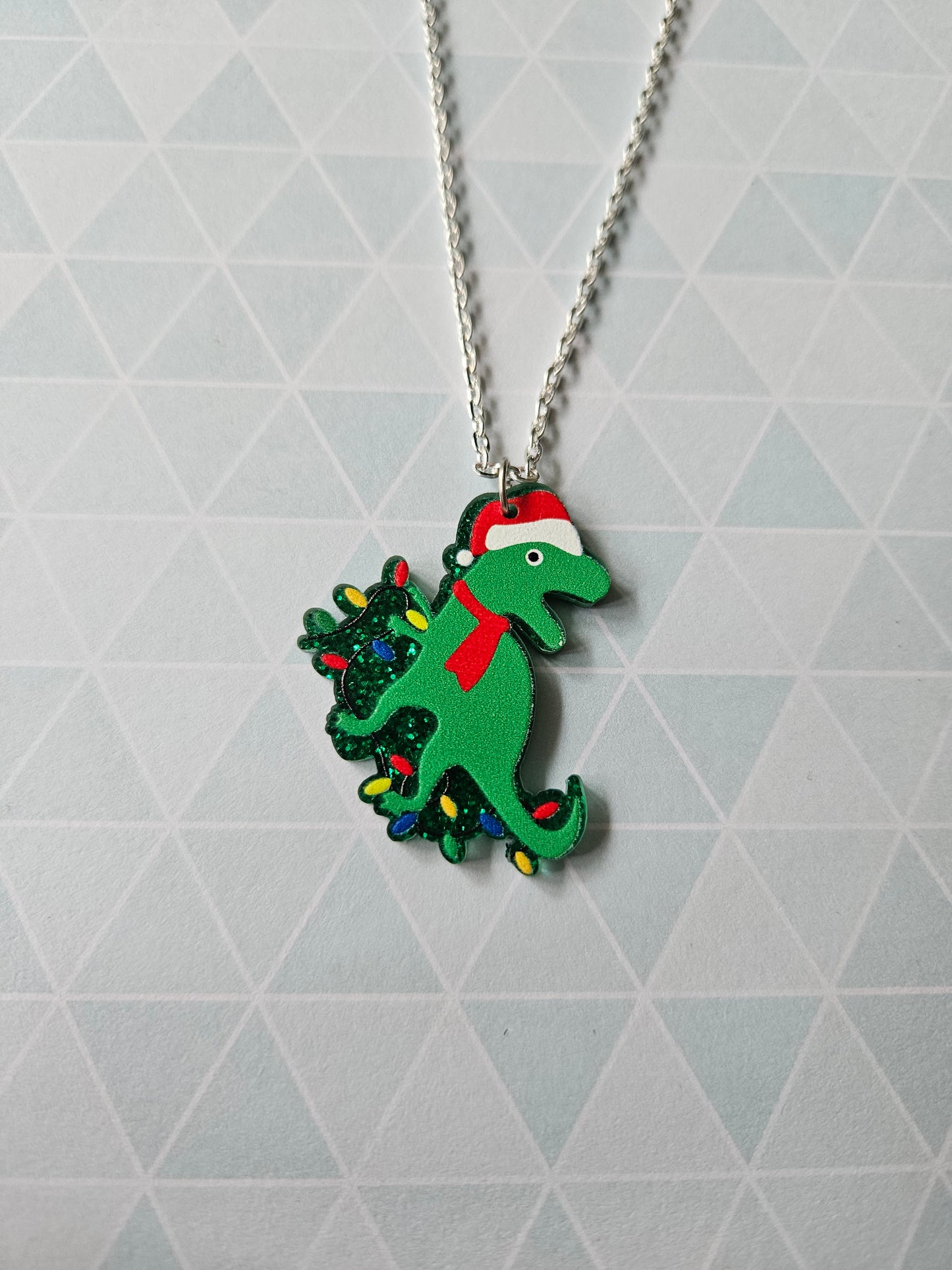 Christmas Dinosaur Necklace | Glitter Acrylic Pendant | Cute Festive Jewellery | Fun Dino Christmas Gift