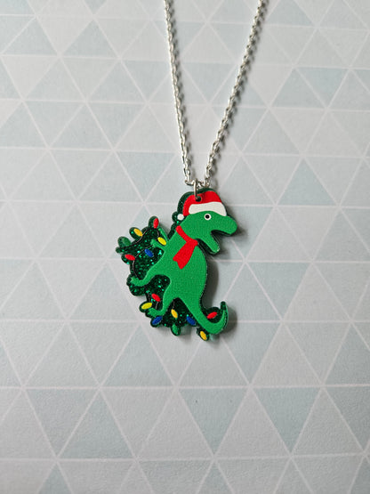 Christmas Dinosaur Necklace | Glitter Acrylic Pendant | Cute Festive Jewellery | Fun Dino Christmas Gift