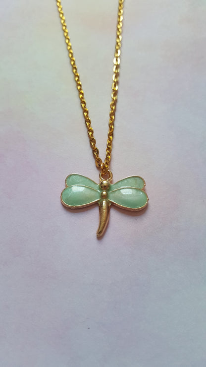 Dragonfly Necklace | Enamel Gold Plated Pendant Necklace | 16 Inch Chain | Cute Nature Jewelry Gift