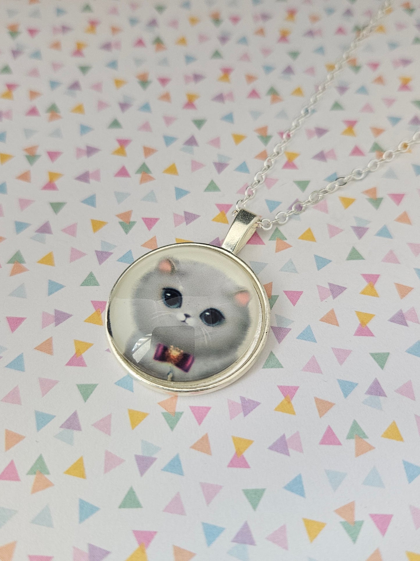 grey kitten dome necklace