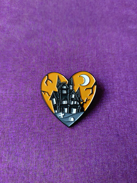 enamel pin badge - haunted house heart 