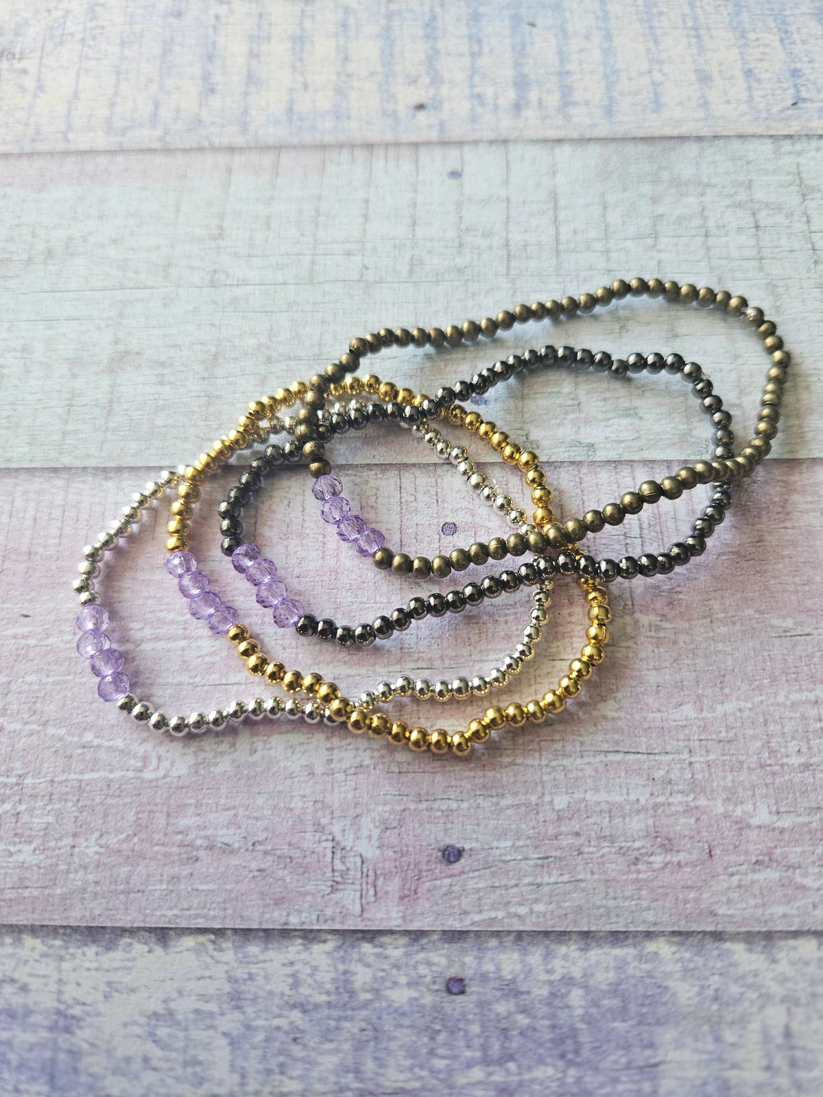 Beaded Acrylic Rondelle Bracelet | Colourful 4mm Bead Bracelet | Bronze Gold Gunmetal or Silver Plated | Various Colours