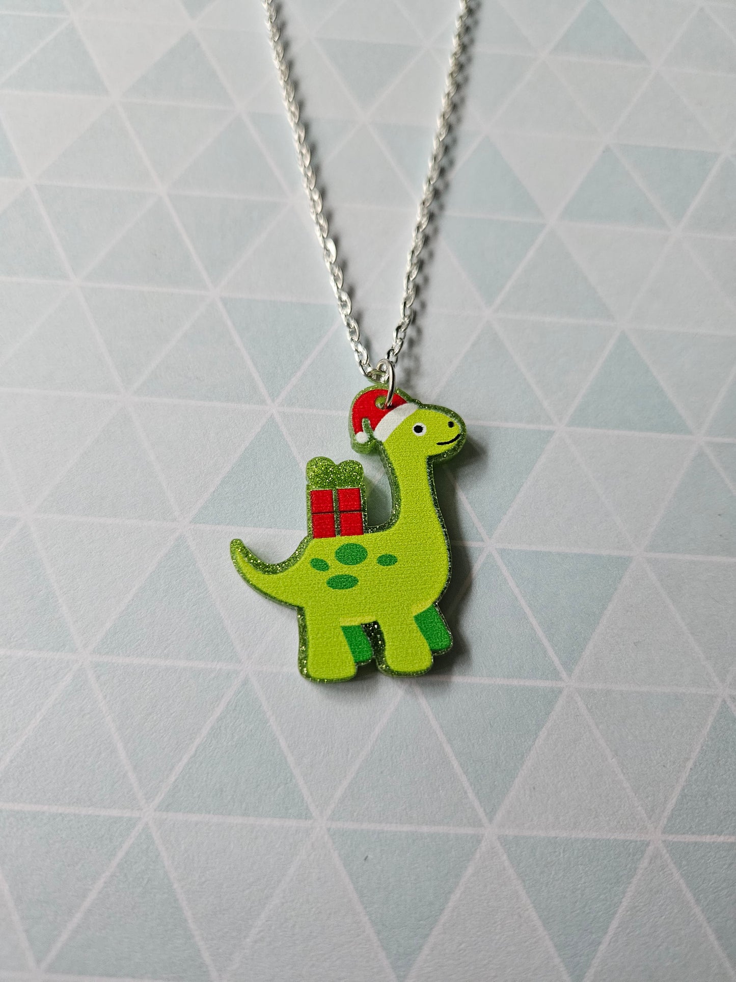Christmas Dinosaur Necklace | Glitter Acrylic Pendant | Cute Festive Jewellery | Fun Dino Christmas Gift