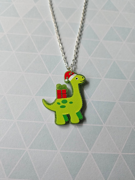 Christmas Dinosaur Necklace | Glitter Acrylic Pendant | Cute Festive Jewellery | Fun Dino Christmas Gift