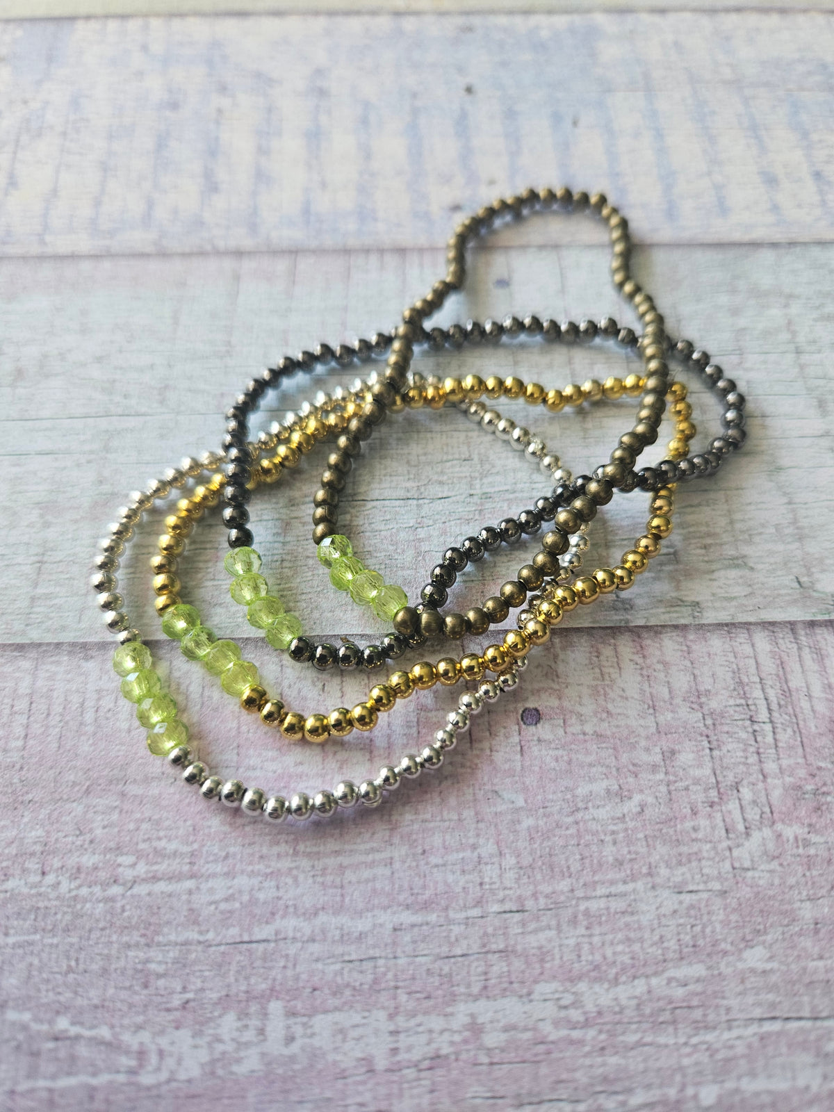 Beaded Acrylic Rondelle Bracelet | Colourful 4mm Bead Bracelet | Bronze Gold Gunmetal or Silver Plated | Various Colours