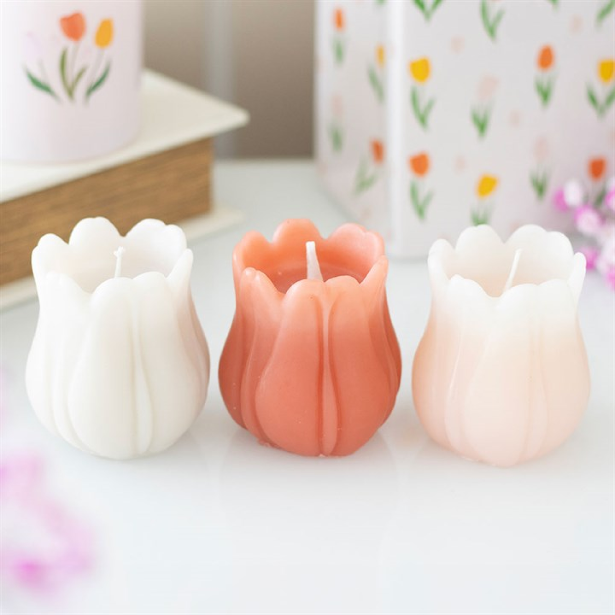 Tulip-Shaped Candles | Set of 3 Unscented Spring Candles | Floral Home Decor | Table Decoration