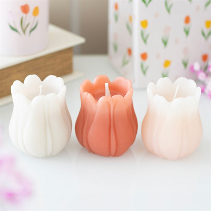 Tulip-Shaped Candles | Set of 3 Unscented Spring Candles | Floral Home Decor | Table Decoration