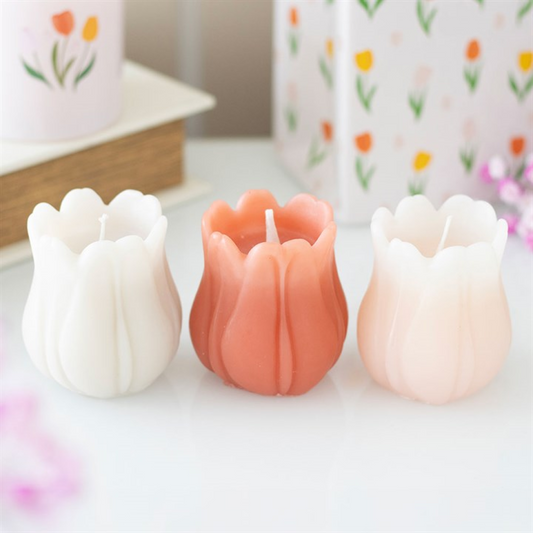 Tulip-Shaped Candles | Set of 3 Unscented Spring Candles | Floral Home Decor | Table Decoration