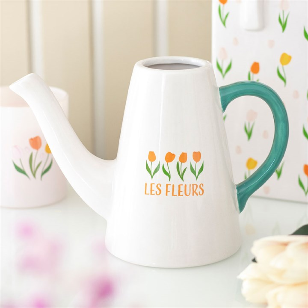 Tulip Ceramic Watering Can | Les Fleurs Flower Waterer | Spring Home & Garden Decor | Floral Gift