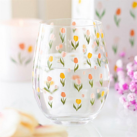 Tulip Stemless Glass | Floral Printed Drinking Glass | 450ml Spring Home Decor | Mother’s Day Gift