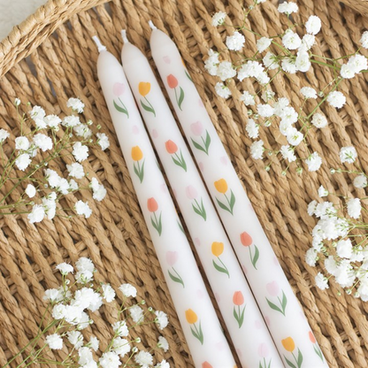 Tulip Print Taper Candles | Set of 3 Unscented Spring Candles | Floral Table Decor | Gift Idea