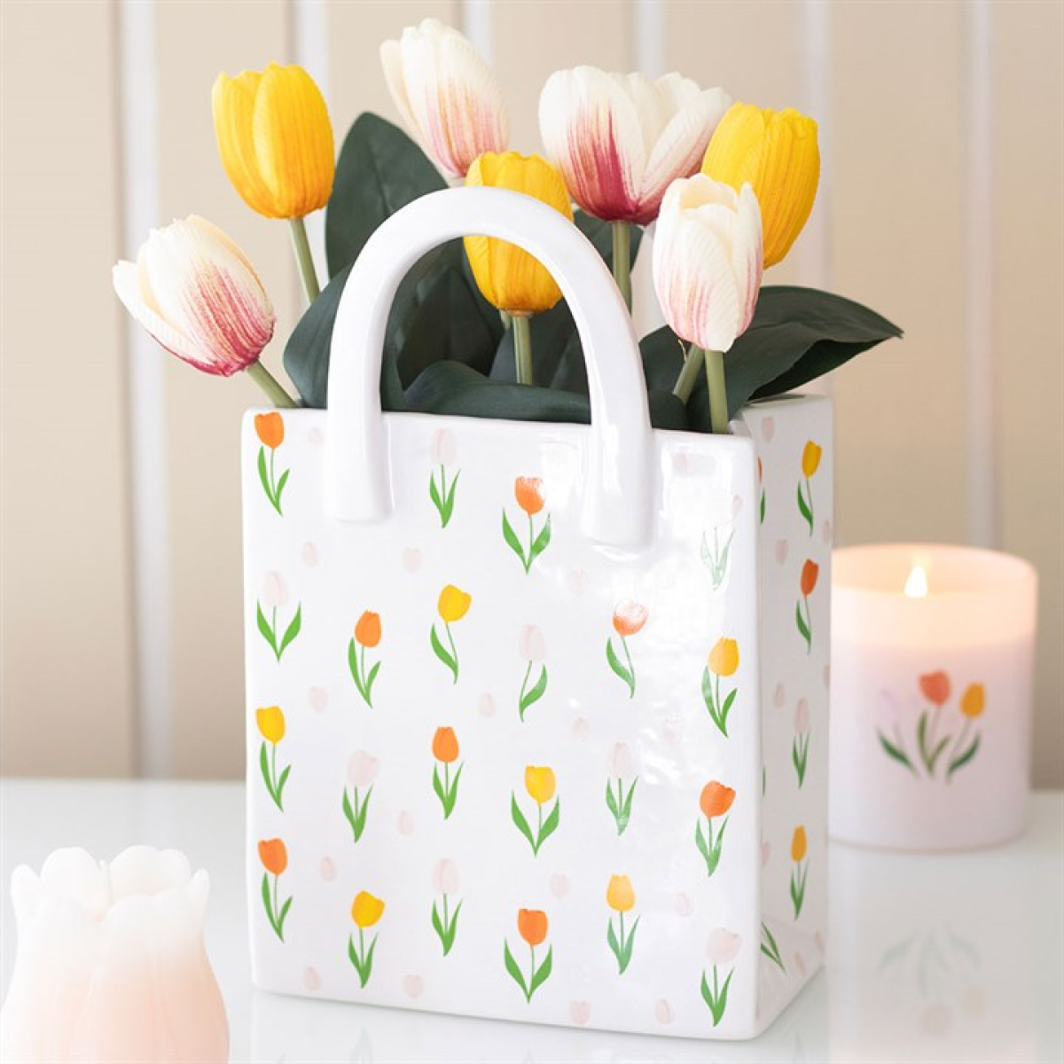 Tulip Print Bag-Shaped Vase | Ceramic Flower Vase | Spring Home Decor | Mother’s Day Gift