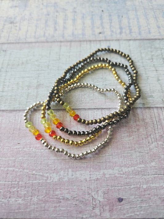 Beaded Acrylic Rondelle Bracelet | Colourful 4mm Bead Bracelet | Bronze Gold Gunmetal or Silver Plated | Various Colours