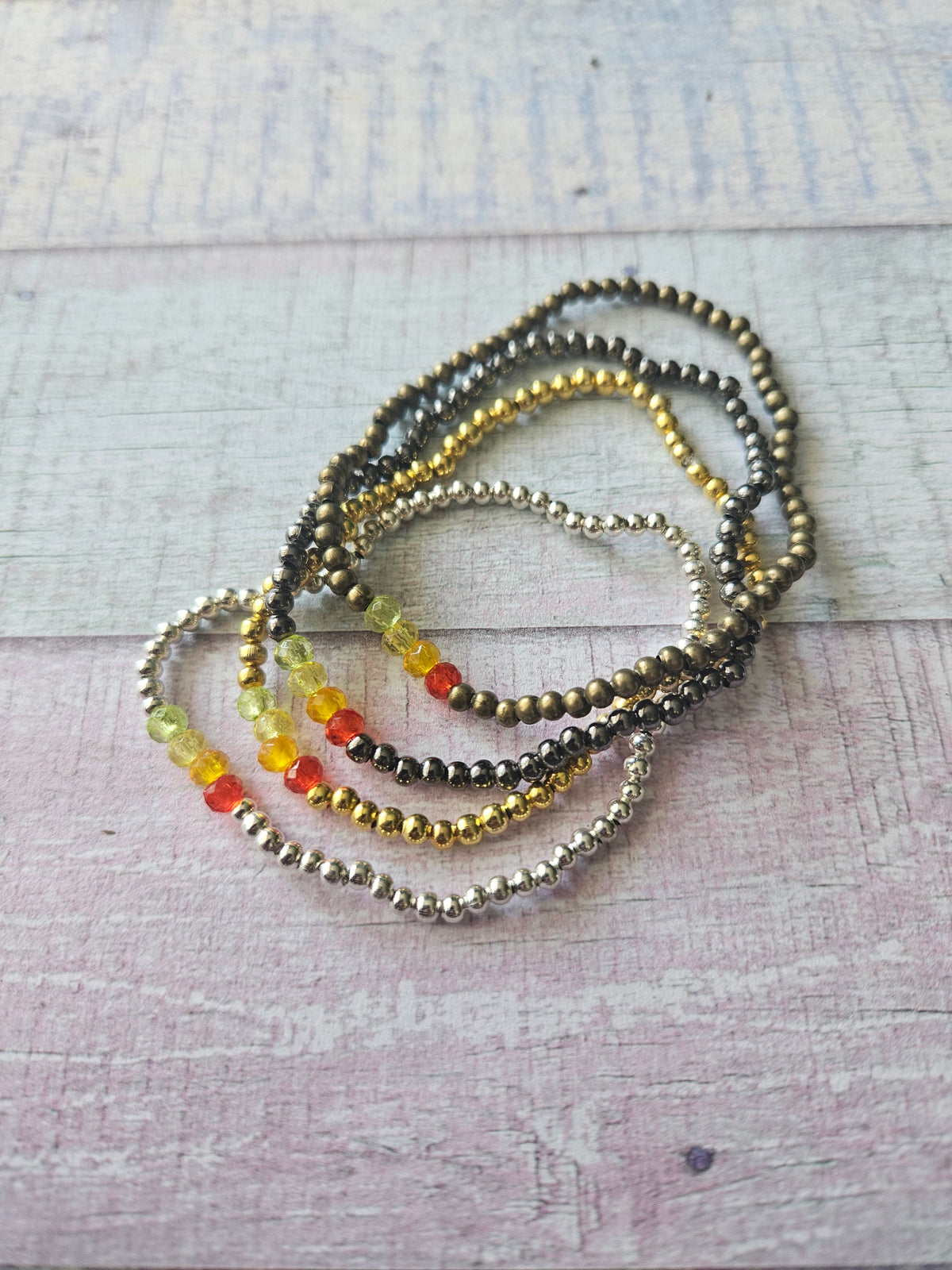 Beaded Acrylic Rondelle Bracelet | Colourful 4mm Bead Bracelet | Bronze Gold Gunmetal or Silver Plated | Various Colours