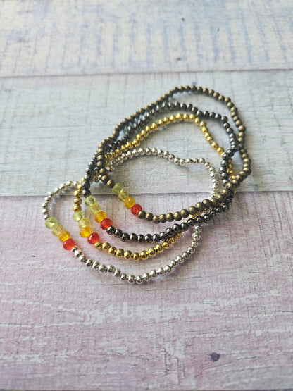 Beaded Acrylic Rondelle Bracelet | Colourful 4mm Bead Bracelet | Bronze Gold Gunmetal or Silver Plated | Various Colours