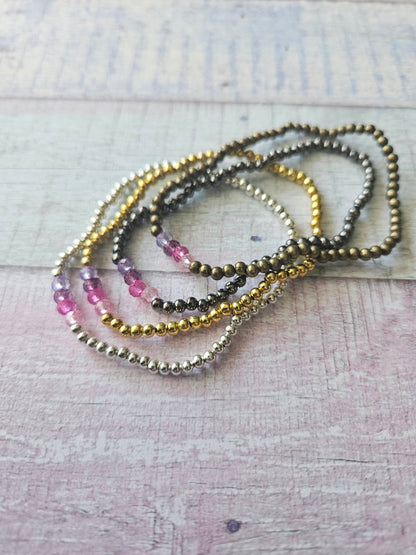 Beaded Acrylic Rondelle Bracelet | Colourful 4mm Bead Bracelet | Bronze Gold Gunmetal or Silver Plated | Various Colours