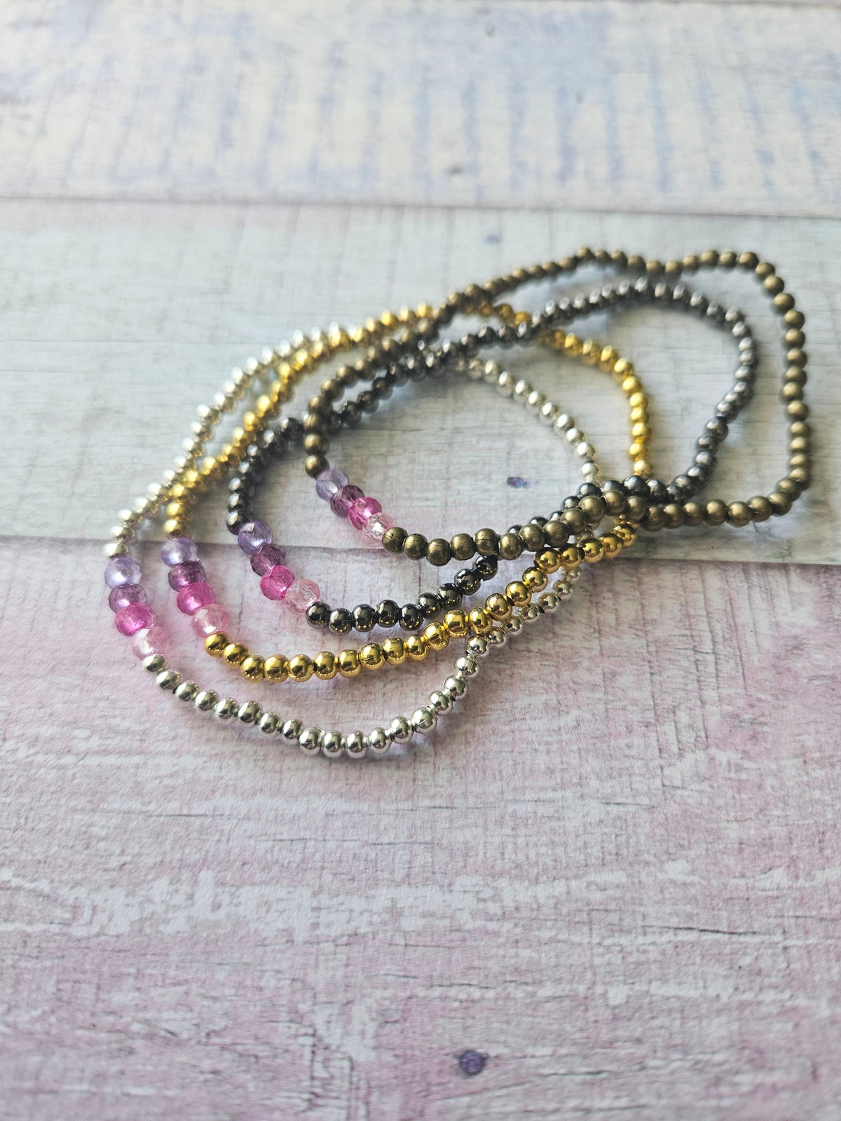 Beaded Acrylic Rondelle Bracelet | Colourful 4mm Bead Bracelet | Bronze Gold Gunmetal or Silver Plated | Various Colours