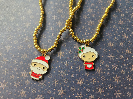 Mr & Mrs Claus Bracelet Set | Beaded Gold Tone Bracelets | Enamel Christmas Charms | Elasticated Festive Jewellery Gift