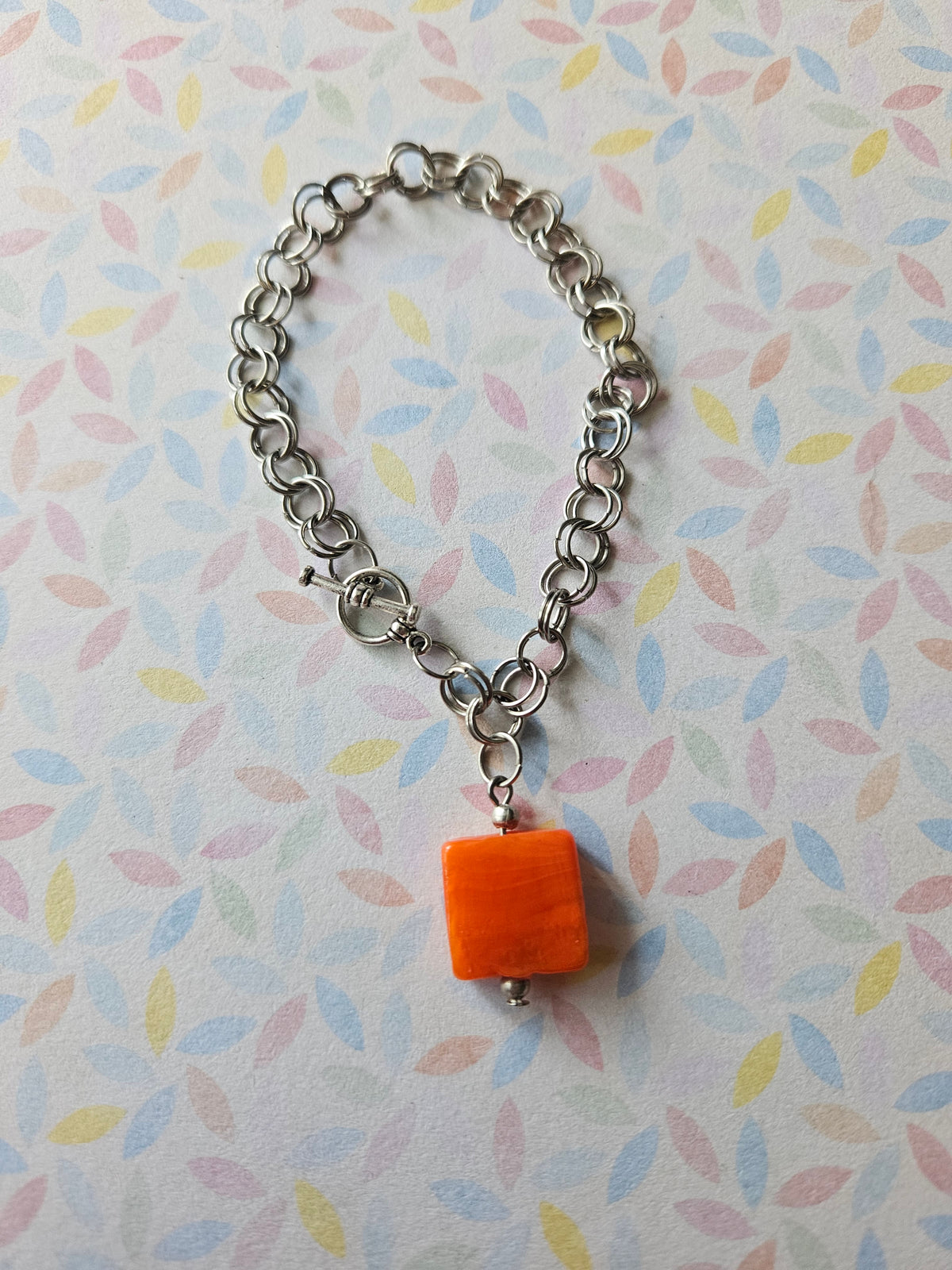 Chainmaille Bracelet | Square Glass Lampwork Bead Bracelet | Stainless Steel Chain Jewellery | Toggle Clasp Bracelet