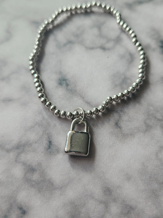 Beaded Padlock Bracelet | Silver Tone Beads | Acrylic Padlock Charm | Elasticated Gothic Punk Jewellery