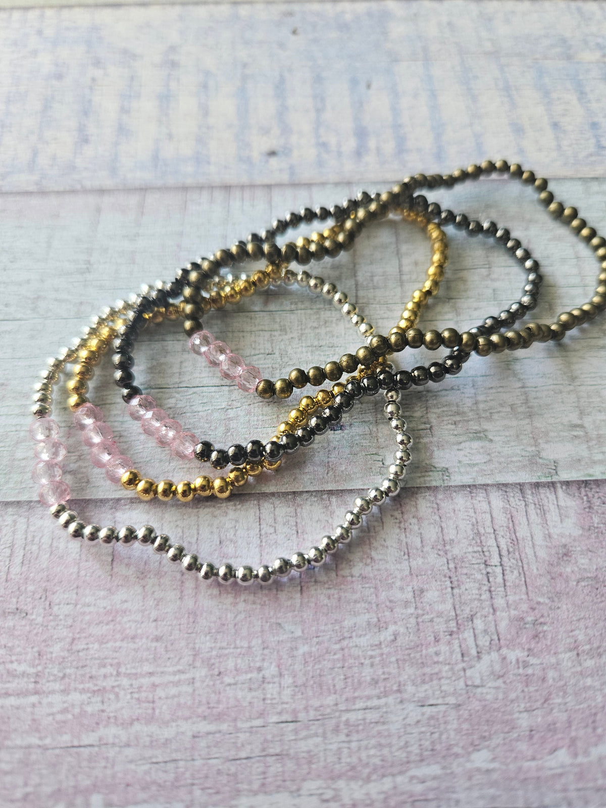 Beaded Acrylic Rondelle Bracelet | Colourful 4mm Bead Bracelet | Bronze Gold Gunmetal or Silver Plated | Various Colours