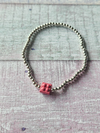 Building Brick Bracelet | Beaded Toy Brick Stretch Bracelet | Colourful Silver Tone Beaded Jewellery | Fun Alternative Gift | Various Colours