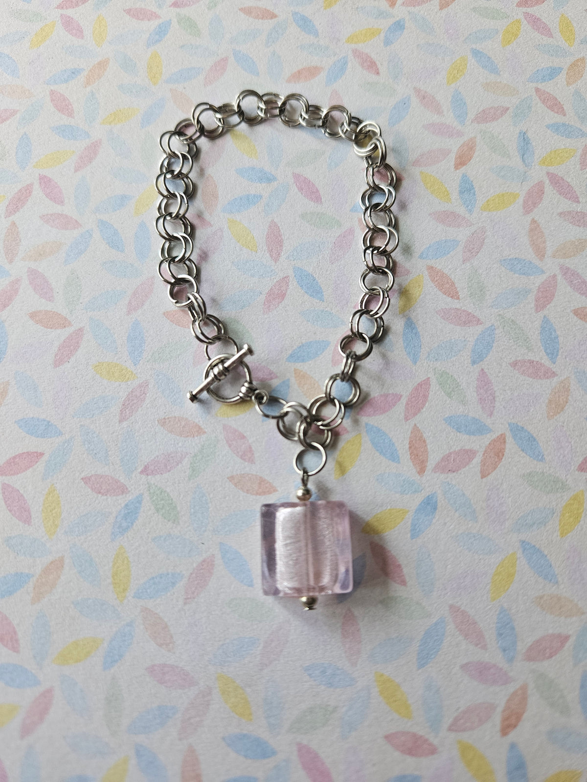 Chainmaille Bracelet | Square Glass Lampwork Bead Bracelet | Stainless Steel Chain Jewellery | Toggle Clasp Bracelet