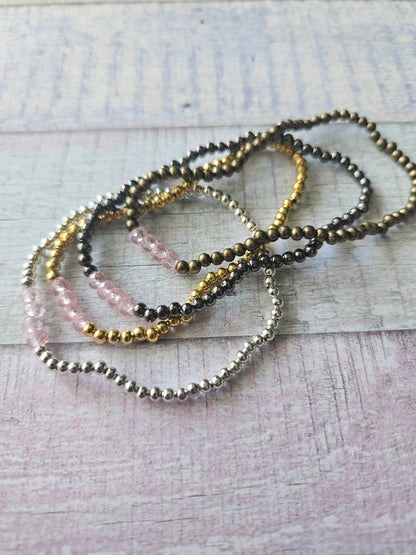 Beaded Acrylic Rondelle Bracelet | Colourful 4mm Bead Bracelet | Bronze Gold Gunmetal or Silver Plated | Various Colours