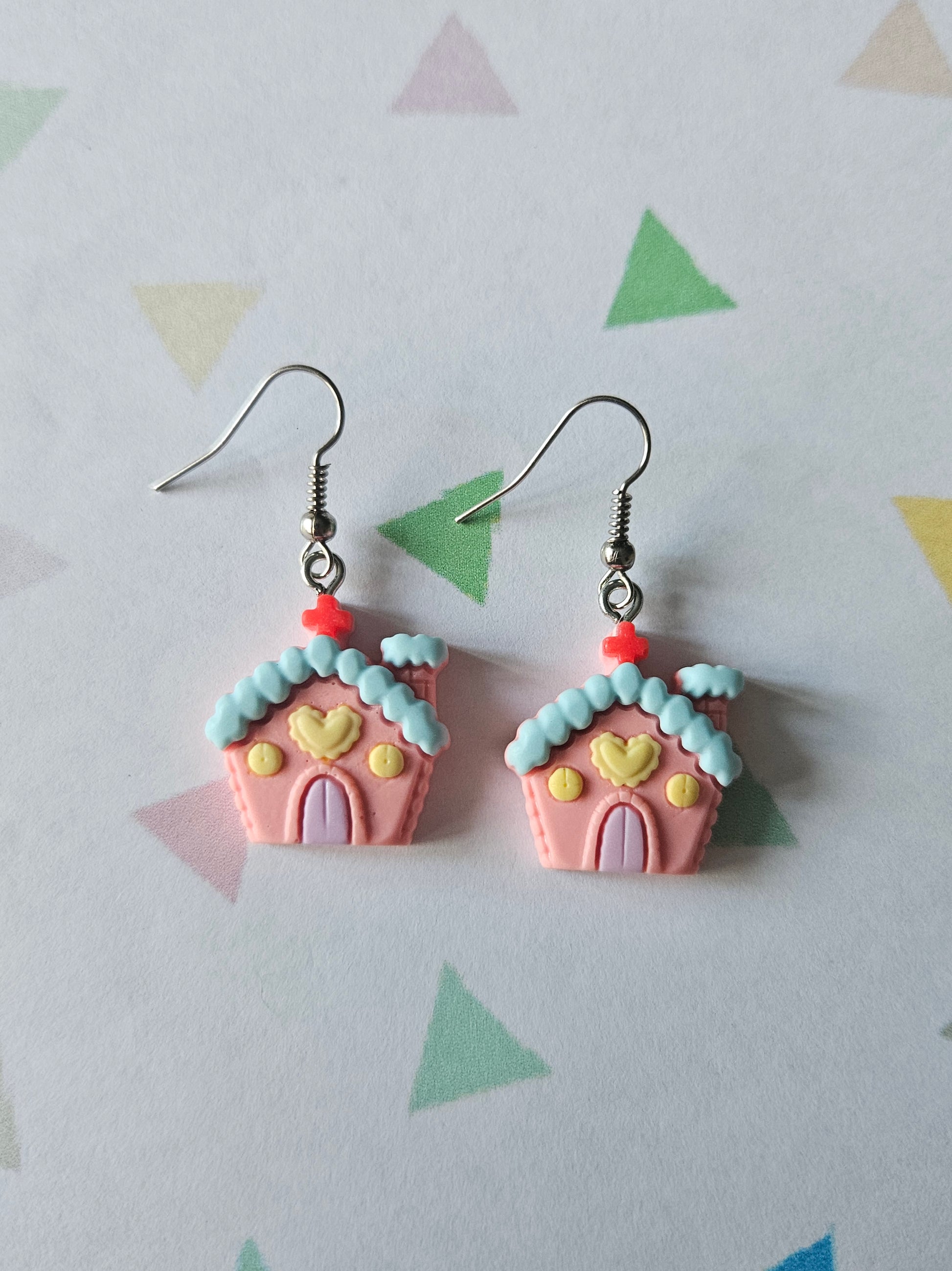 Pastel Christmas Cottage Earrings | Resin Festive Dangle Earrings | Cute Holiday Jewellery