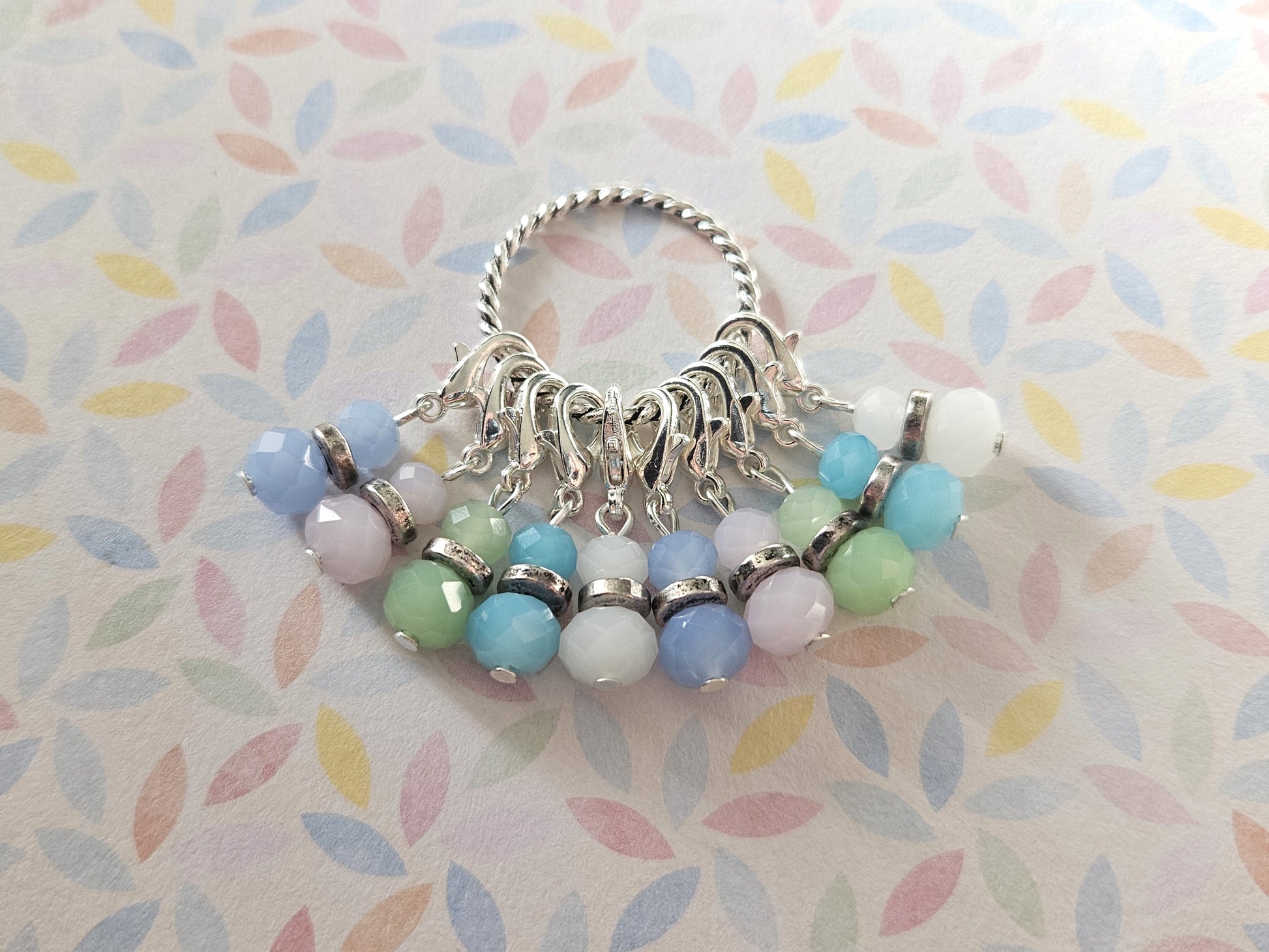 10 Pastel Beaded Stitch Markers | Faceted Glass & Silver Ring Spacers | Knitting & Crochet 25mm