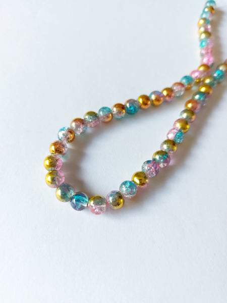 6mm half-plated crackle glass beads - pink & blue (copper plating) 