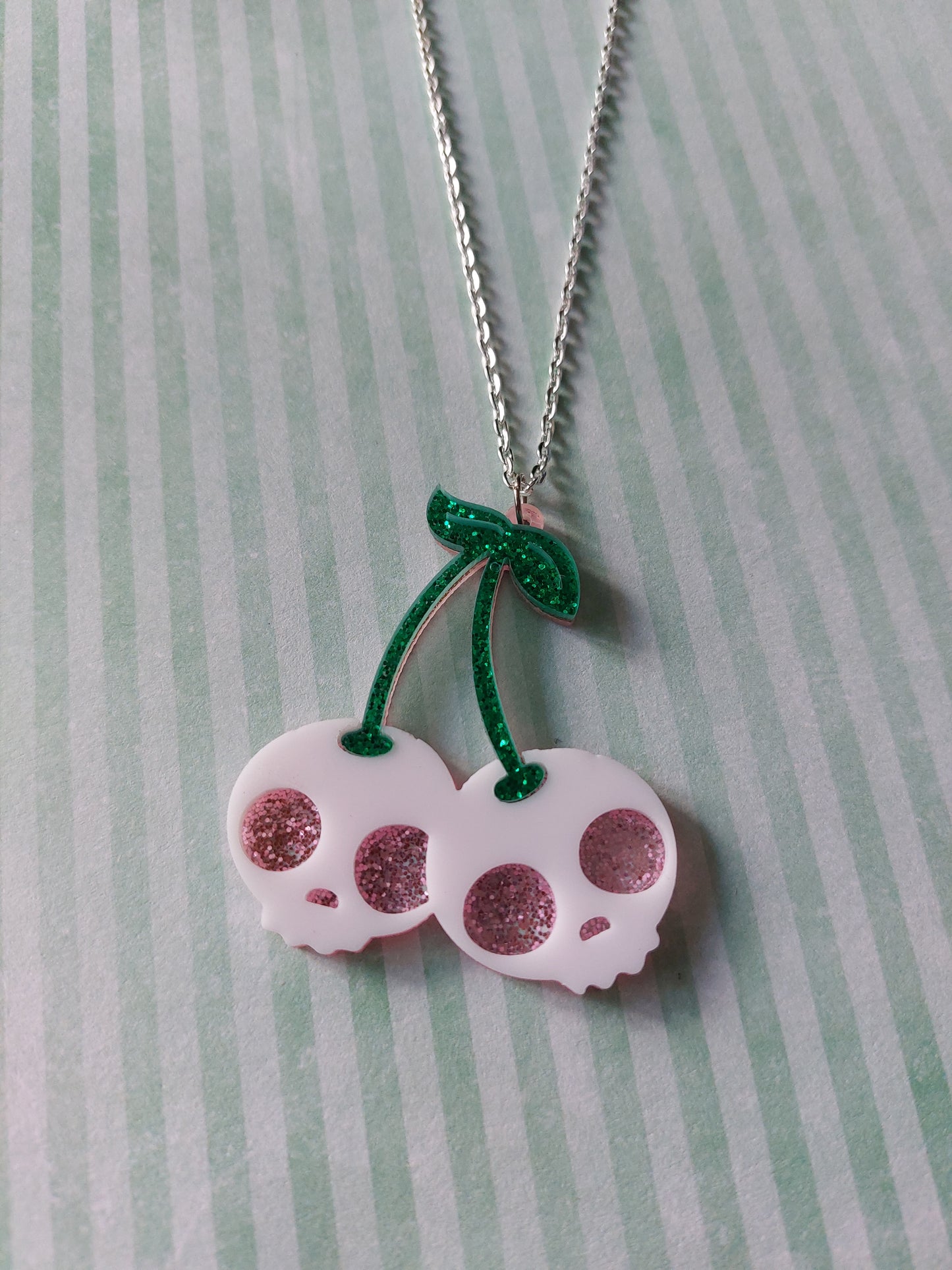 Glitter Skull Cherry Necklace | Layered Acrylic Pendant Necklace | Alternative Jewellery 16 Inch