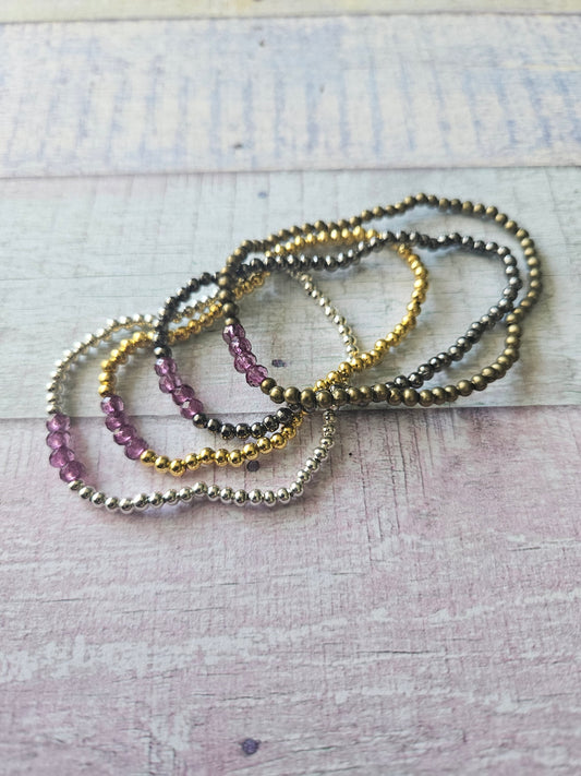 Beaded Acrylic Rondelle Bracelet | Colourful 4mm Bead Bracelet | Bronze Gold Gunmetal or Silver Plated | Various Colours