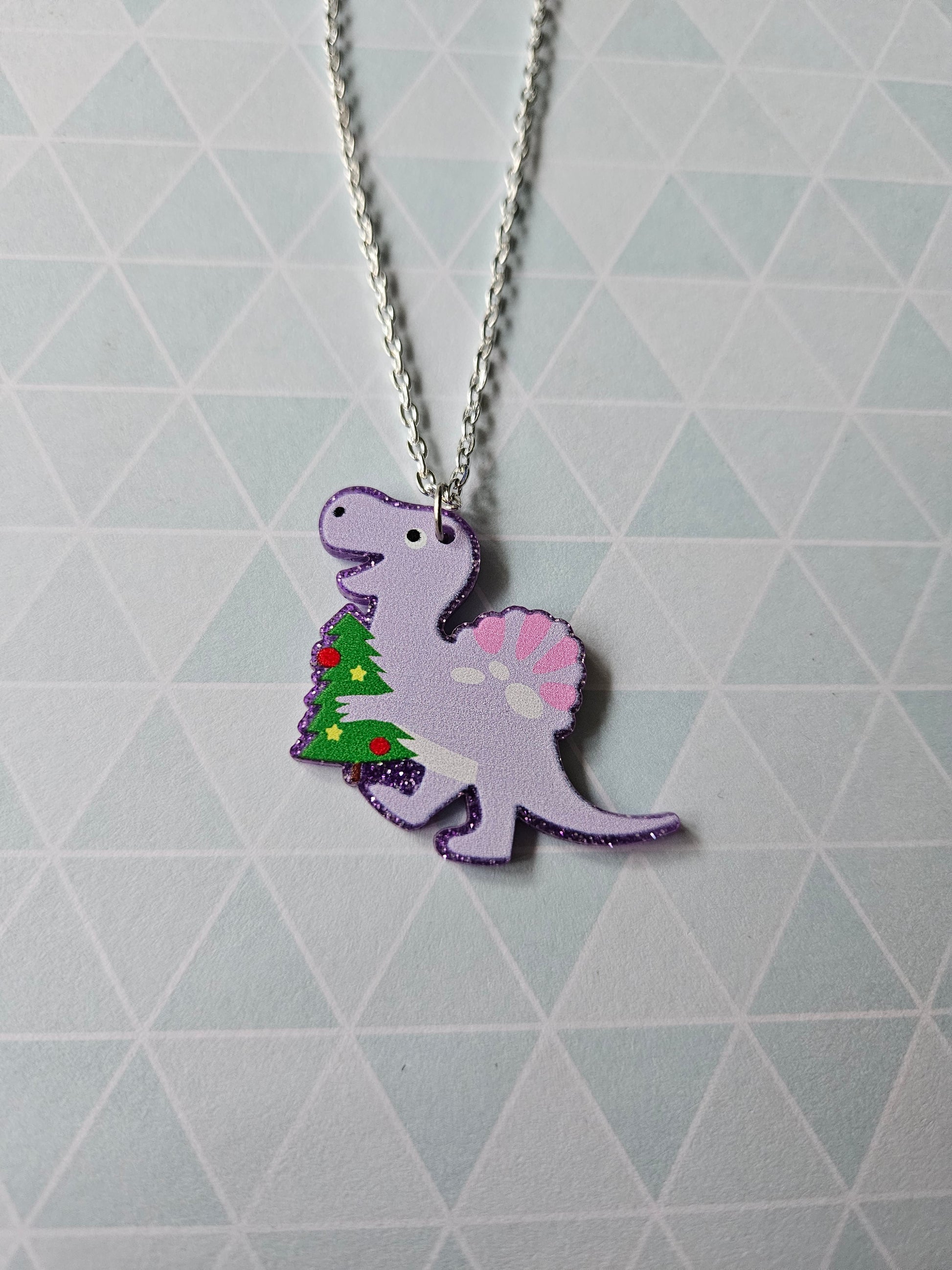 Christmas Dinosaur Necklace | Glitter Acrylic Pendant | Cute Festive Jewellery | Fun Dino Christmas Gift