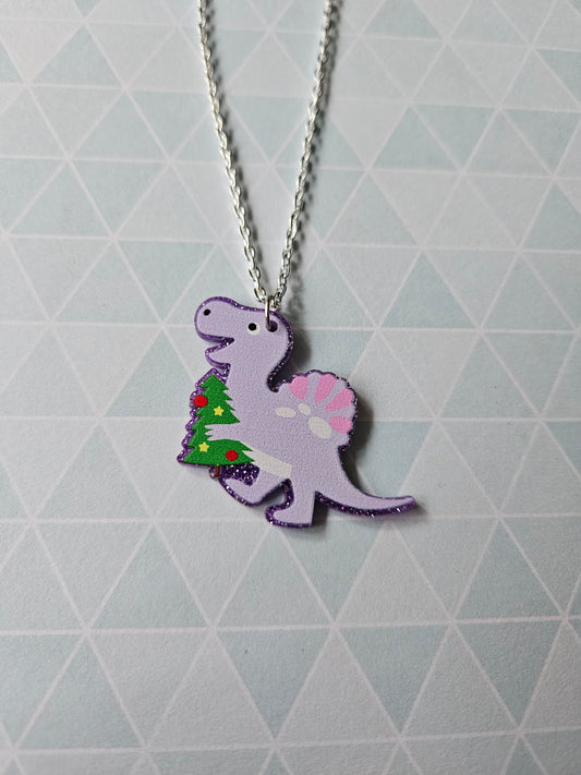 Christmas Dinosaur Necklace | Glitter Acrylic Pendant | Cute Festive Jewellery | Fun Dino Christmas Gift