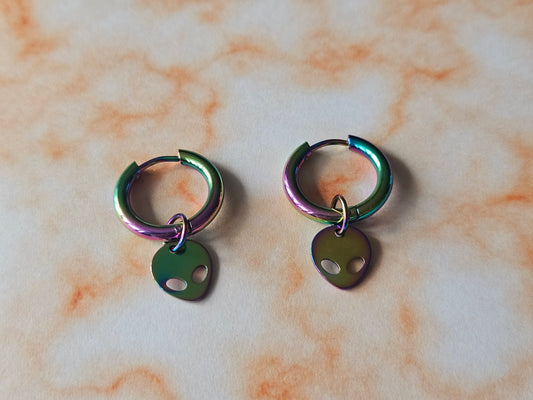 Alien Hoop Earrings | Rainbow Stainless Steel Hoops | UFO Charm Earrings | Alternative Jewellery