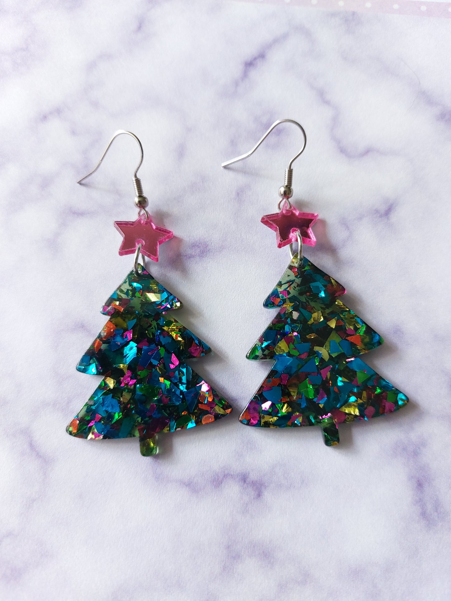 rainbow glitter christmas tree earrings