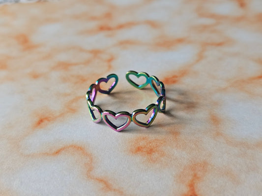 Rainbow Heart Ring | Adjustable Stainless Steel Ring | Colourful Heart Jewellery | Gift for Her