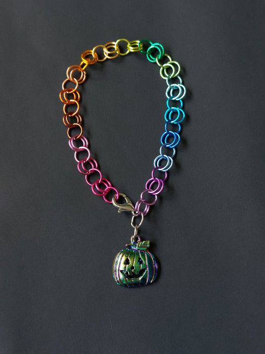 Rainbow Pumpkin Charm Bracelet | Colourful Pendant | Handmade Chain | Cute Spooky Jewellery | Halloween Gift