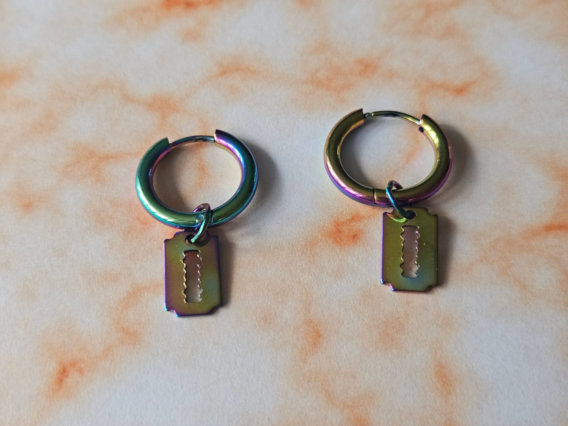 Razor Blade Hoop Earrings | Rainbow Stainless Steel Hoops | Alternative Gothic Jewellery