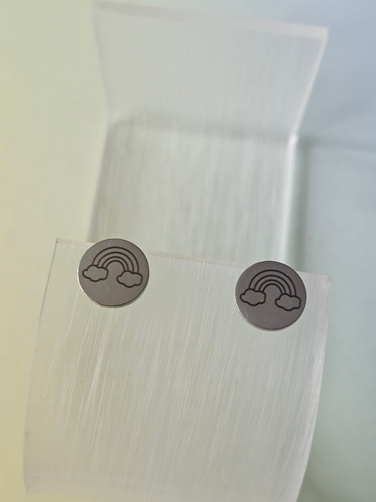 Rainbow Stud Earrings | Stainless Steel Rainbow Earrings | Engraved Disc Studs | 10mm