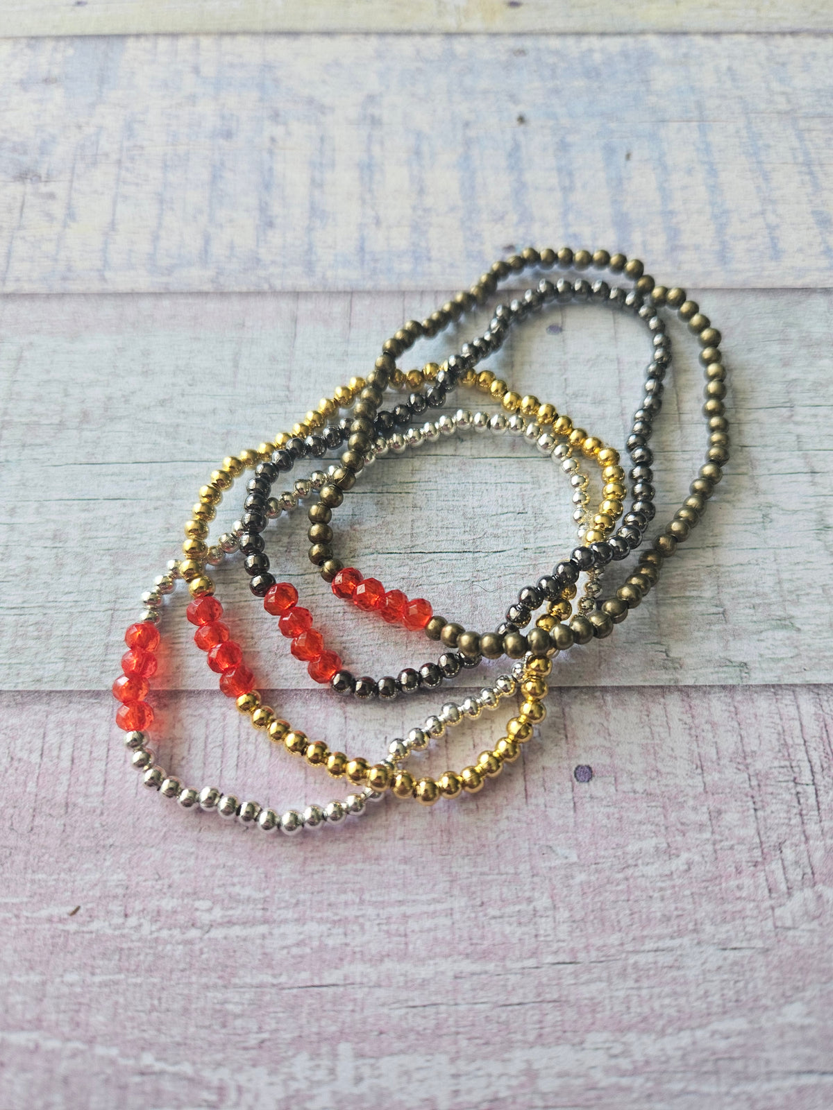 Beaded Acrylic Rondelle Bracelet | Colourful 4mm Bead Bracelet | Bronze Gold Gunmetal or Silver Plated | Various Colours