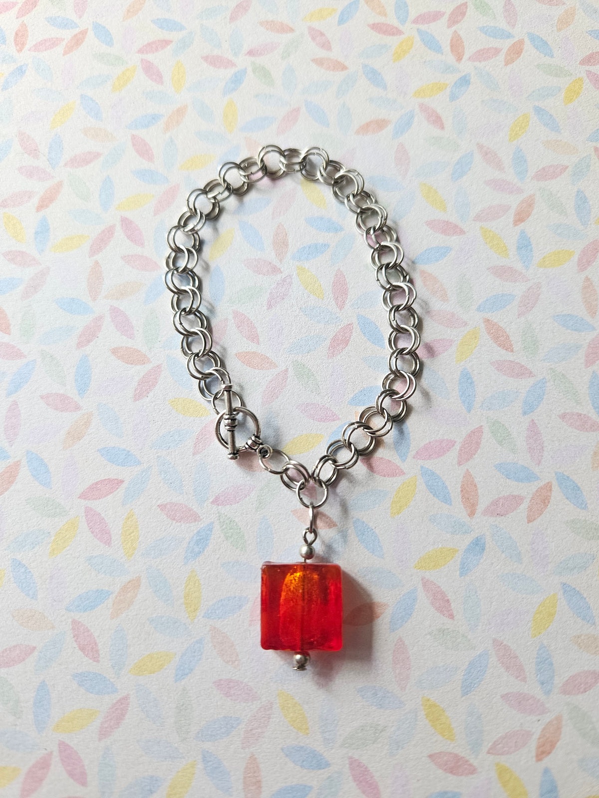 Chainmaille Bracelet | Square Glass Lampwork Bead Bracelet | Stainless Steel Chain Jewellery | Toggle Clasp Bracelet