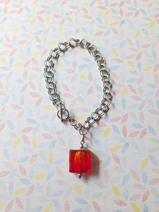 Chainmaille Bracelet | Square Glass Lampwork Bead Bracelet | Stainless Steel Chain Jewellery | Toggle Clasp Bracelet