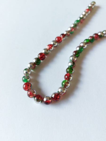 6mm half-plated crackle glass beads - red & green (silver plating) 