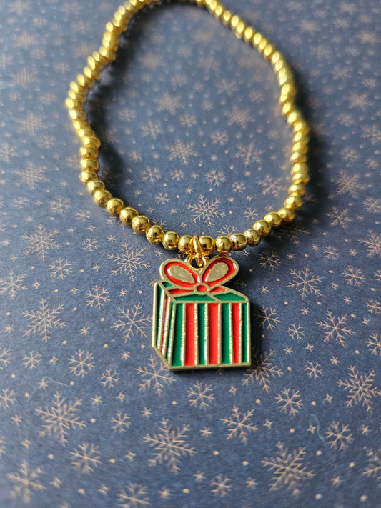 Beaded Christmas Present Bracelet | Gold Tone Beads | Enamel Gift Charm | Elasticated Festive Holiday Jewellery