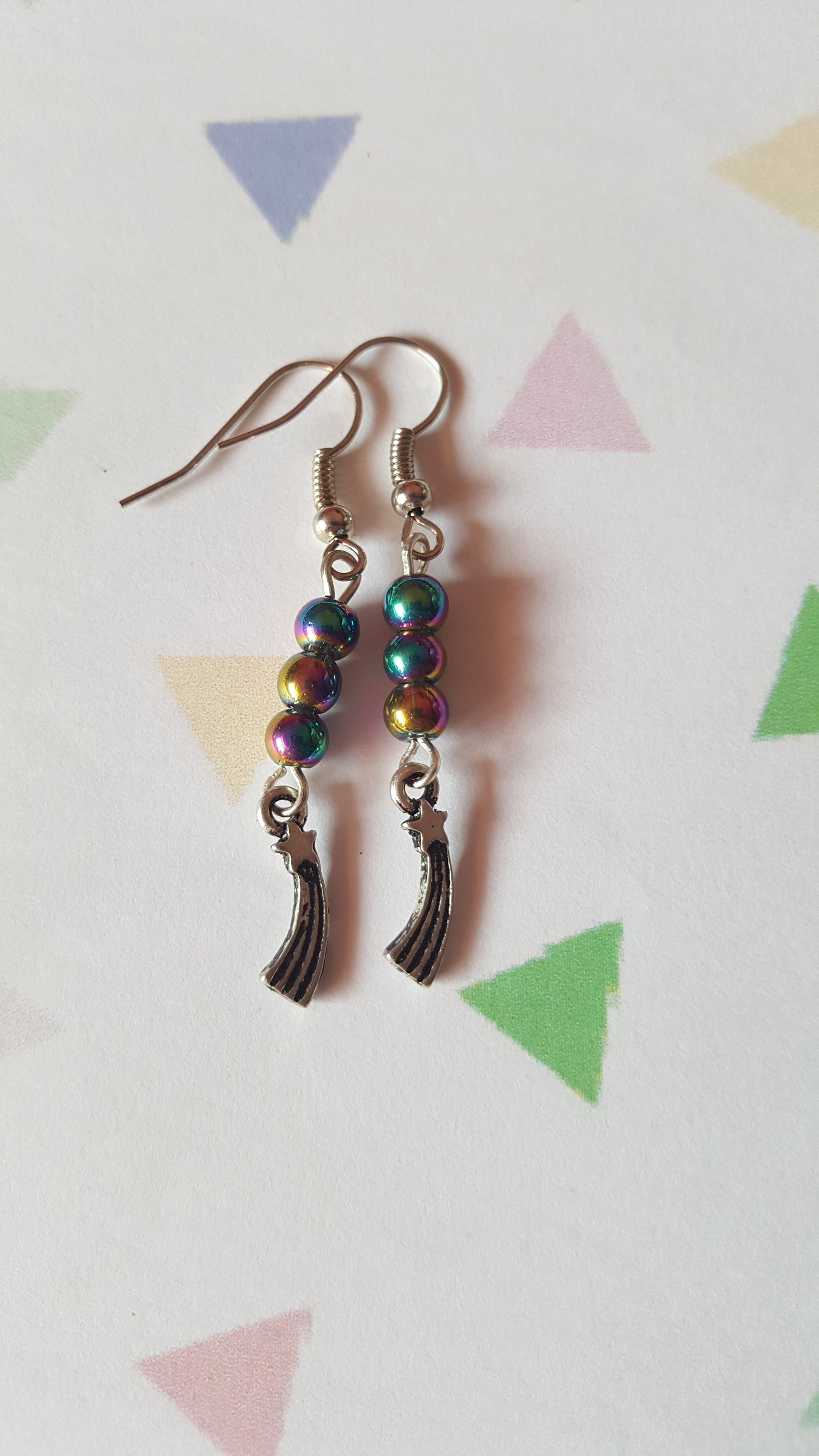 Rainbow Beaded Earrings with Charm | Glass Bead Earrings | Silver Tone Hooks | Cute Kawaii Jewelry Gift