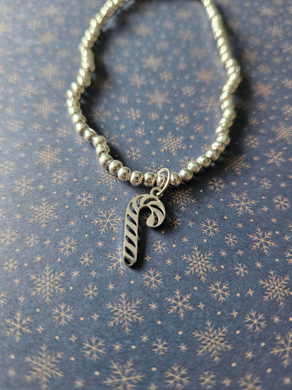 Beaded Candy Cane Bracelet | Gold or Silver Tone | Stainless Steel Charm | Elasticated | Festive Christmas Jewellery Gift